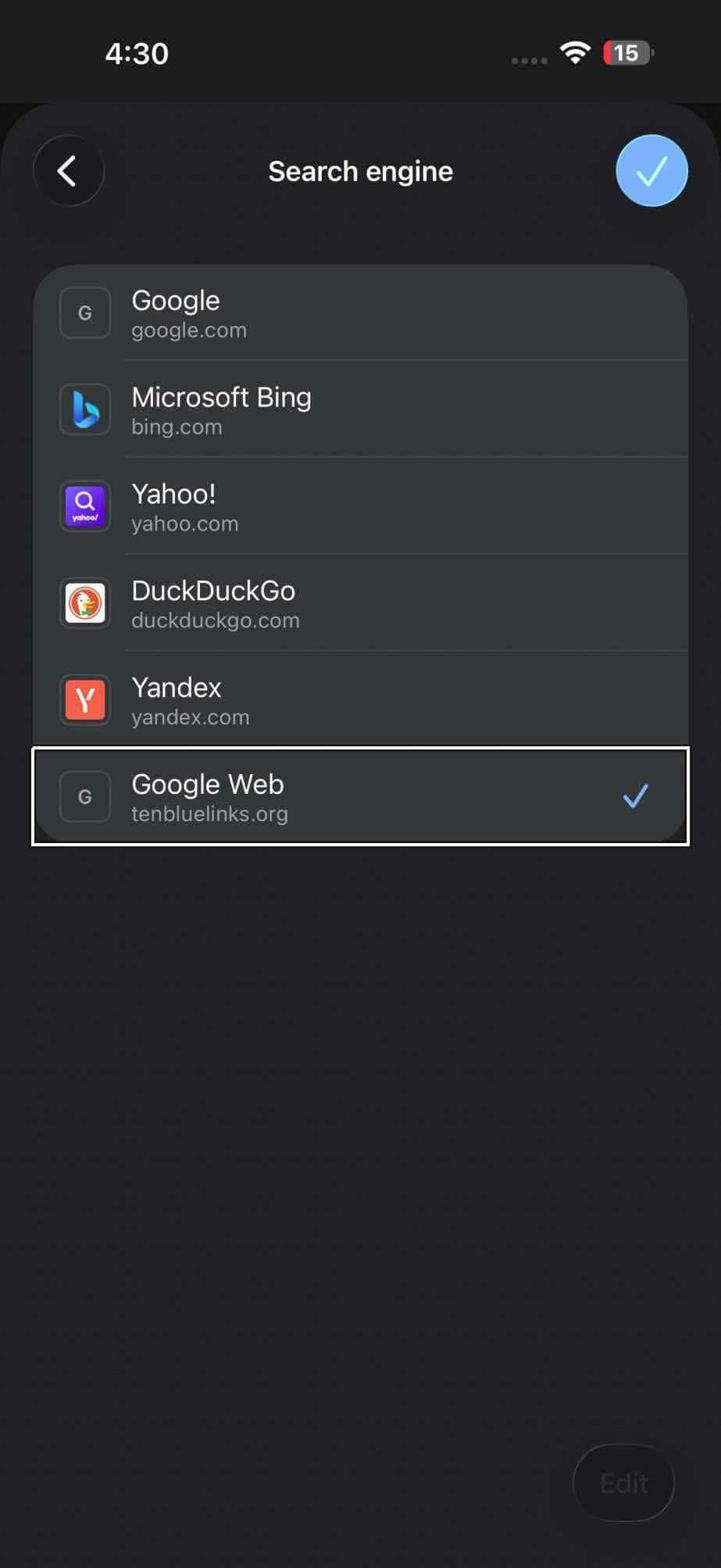 google chrome search engine settings on iPhone