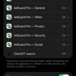Safari extensions in iPhone settings app