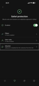Allowlist setting, AdGuard is disabled for the websites from this list