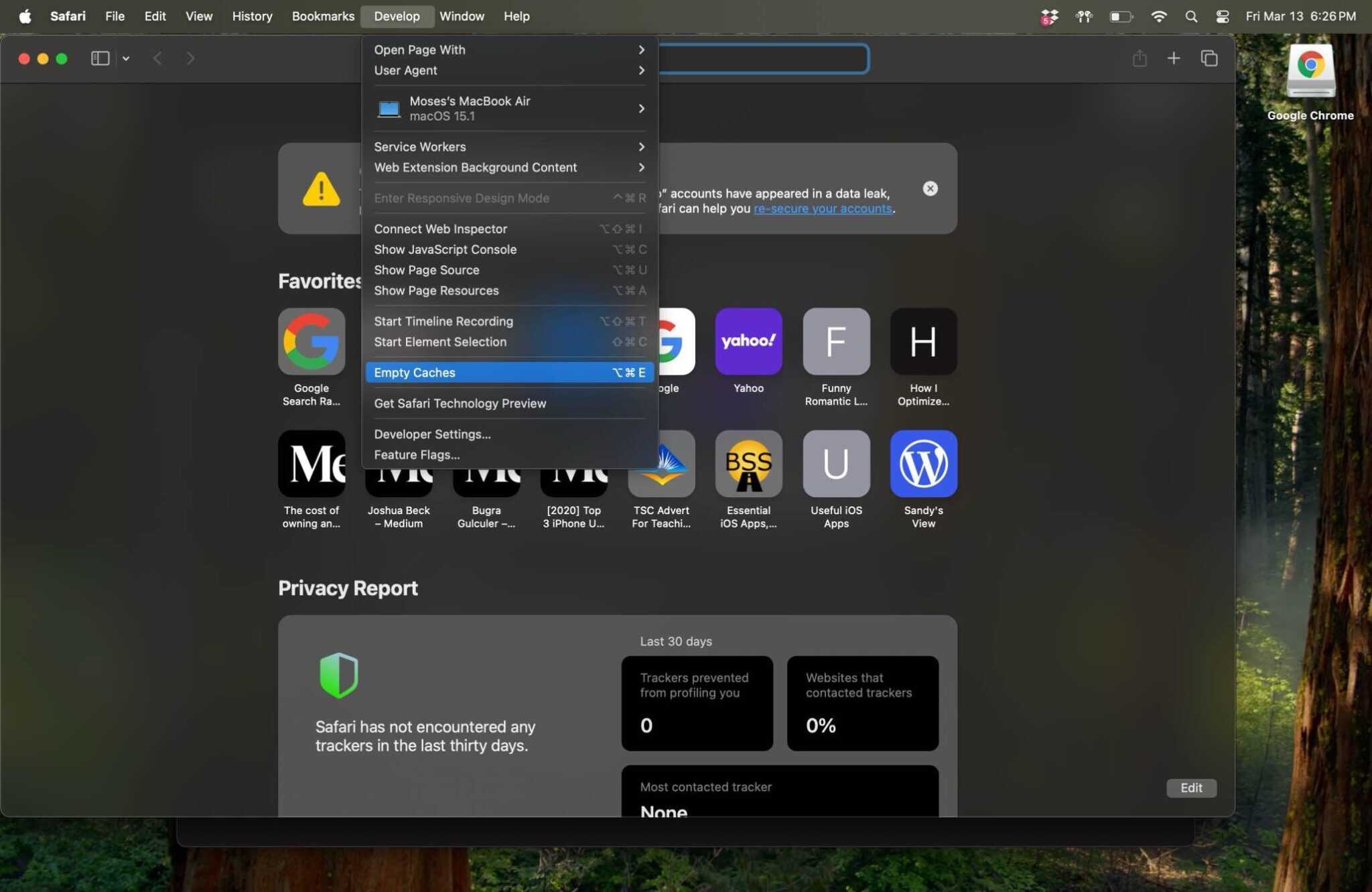 Screenshot showing Empty Caches button in Safari on Mac