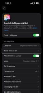 A screenshot showing Siri Settings screen on iPhone