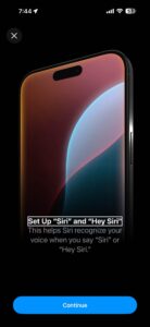 Screenshot showing the Siri set up screen