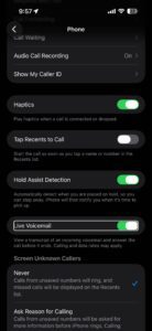 Screenshot showing live voicemail settings on iPhone