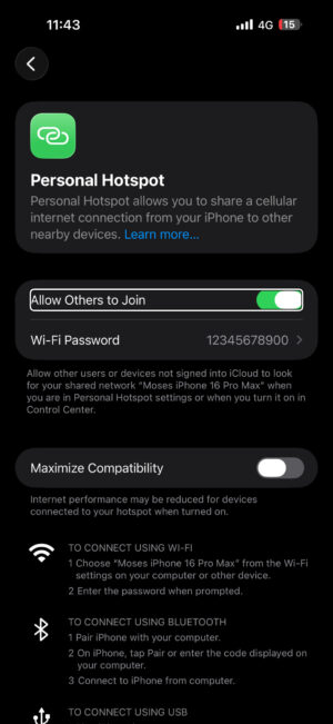 Personal hotspot on iPhone