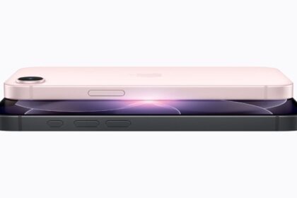 Two iPhone 17e devices, one in black and the other in soft pink, are stacked on top of each other.