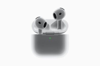 A close-up of AirPods 4.