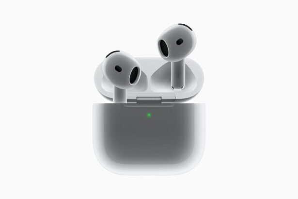 A close-up of AirPods 4.