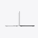 14-inch MacBook Pro, right side exterior, open, silver color, thin profile, 16-inch MacBook Pro, left side exterior, open, space black color, thin profile