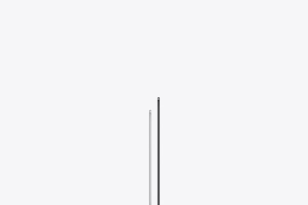 14-inch MacBook Pro, right side exterior, open, silver color, thin profile, 16-inch MacBook Pro, left side exterior, open, space black color, thin profile