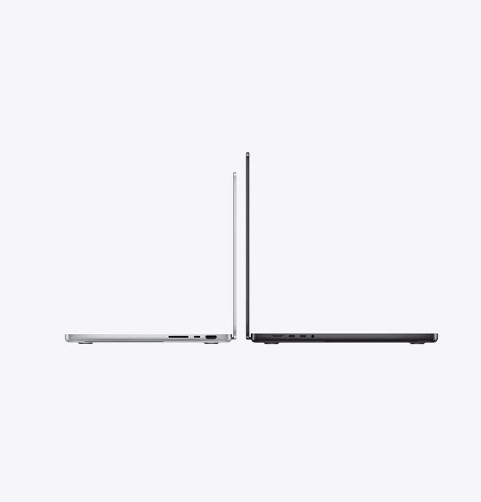 14-inch MacBook Pro, right side exterior, open, silver color, thin profile, 16-inch MacBook Pro, left side exterior, open, space black color, thin profile