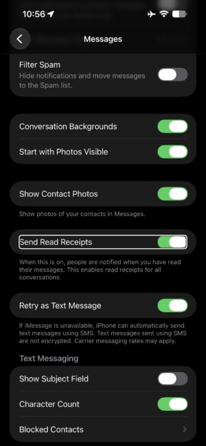 Send Read Receipts in messages settings on iPhone