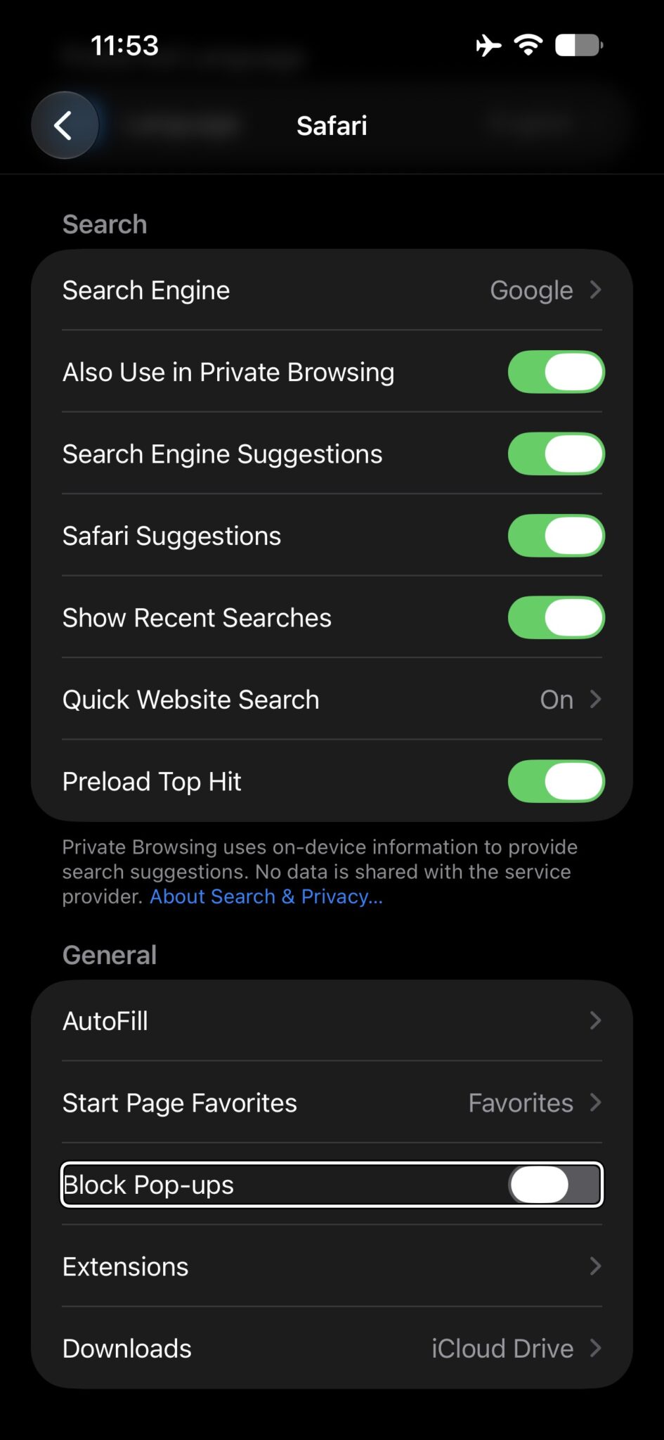 Block pop-ups settings in Safari settings for iPhone