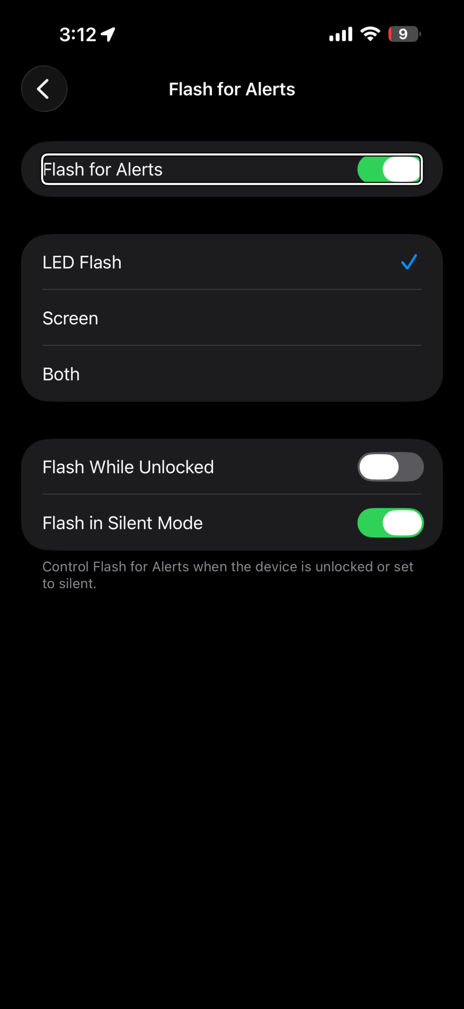 Flash for Alerts settings on iPhone