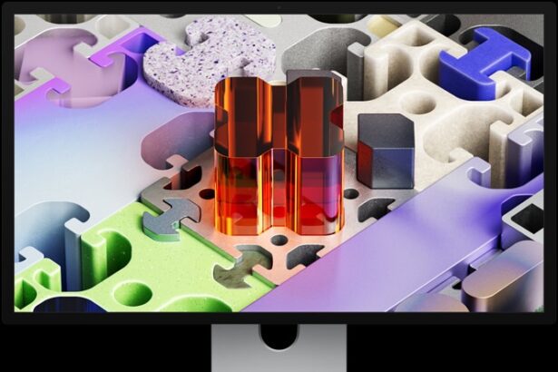 Front of Studio Display XDR with a three-dimensional puzzle-like wallpaper