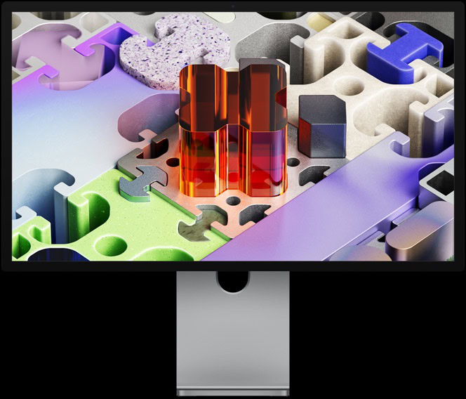 Front of Studio Display XDR with a three-dimensional puzzle-like wallpaper