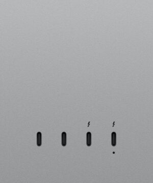 Closeup on rear of Studio Display XDR, highlighting two USB-C ports and two Thunderbolt 5 ports