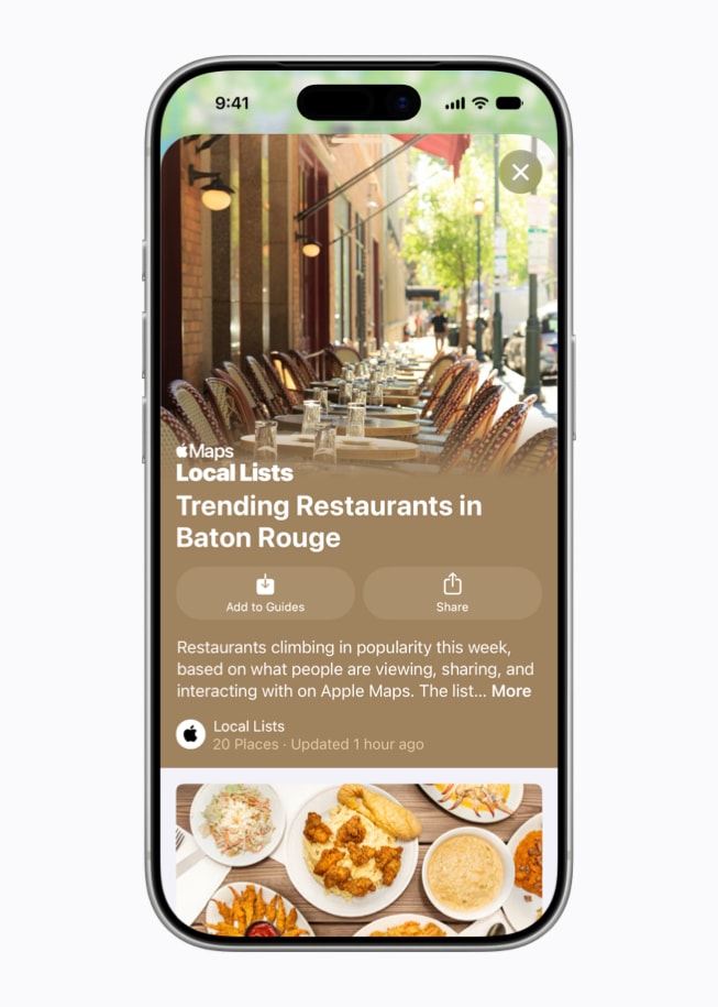 iPhone 17 Pro shows a Local Lists screen featuring trending restaurants in Baton Rouge.