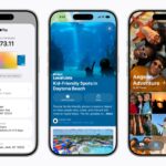 Three iPhone 17 Pro devices show screens from various Apple services.
