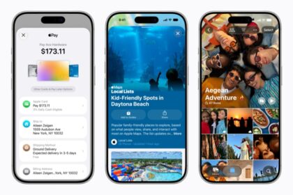 Three iPhone 17 Pro devices show screens from various Apple services.