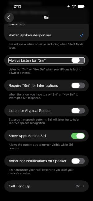 Turn off Always listen for Siri