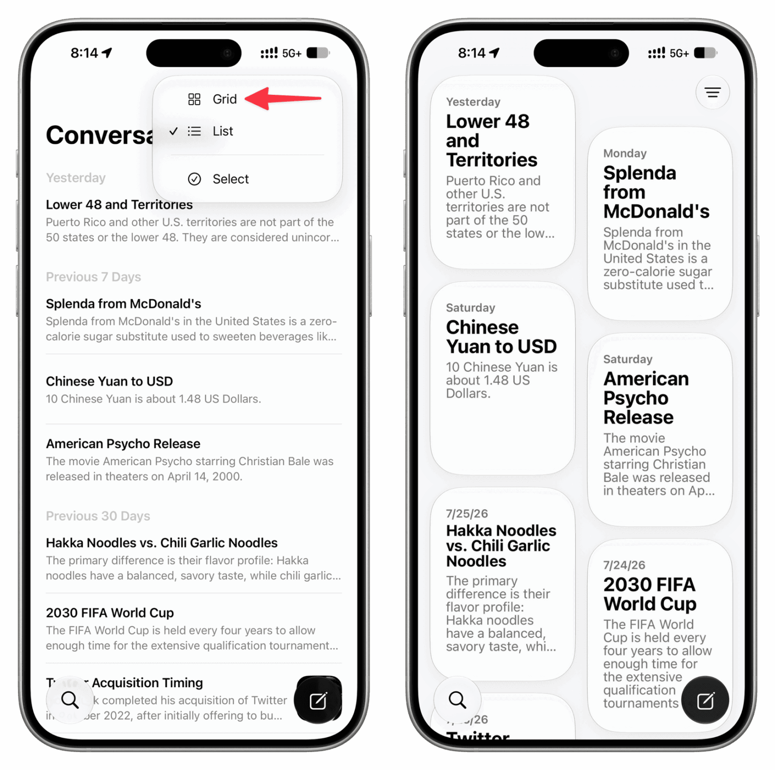 List and Grid view for past Siri conversations on iPhone