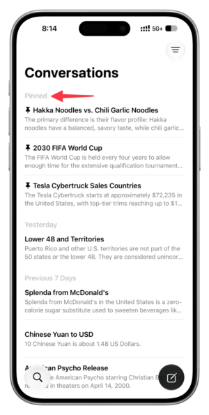 Pinned conversations in Siri app on iOS 27