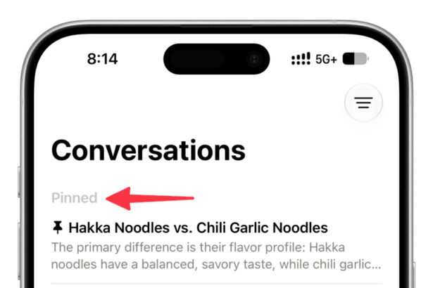 Pinned conversations in Siri app on iOS 27
