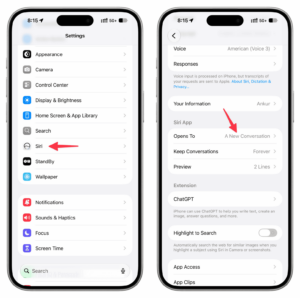 Setting new Siri app to open to a new conversation on iPhone