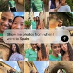 Screen showing query for Siri AI to retrieve recent vacation photos, text of query overlays photo grid