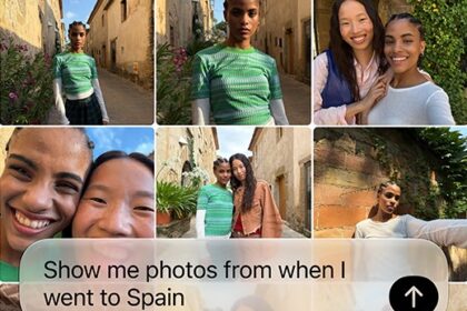 Screen showing query for Siri AI to retrieve recent vacation photos, text of query overlays photo grid