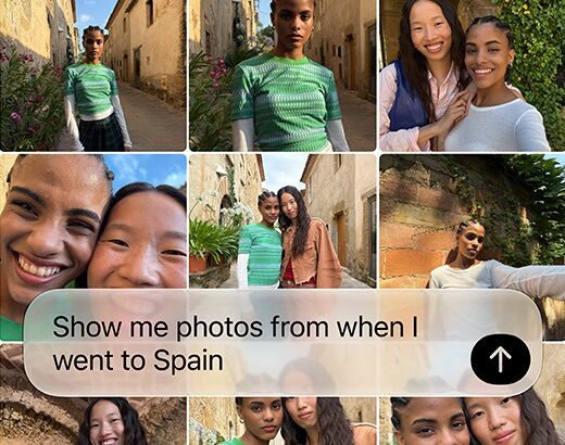 Screen showing query for Siri AI to retrieve recent vacation photos, text of query overlays photo grid