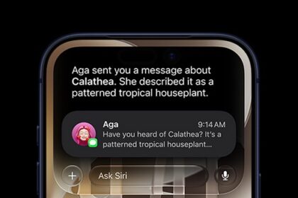 iPhone 17 Pro, Deep Blue, front screen, displaying a Siri AI query about the houseplant mentioned in a Messages conversation.