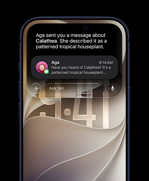 iPhone 17 Pro, Deep Blue, front screen, displaying a Siri AI query about the houseplant mentioned in a Messages conversation.