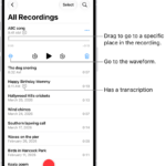 The Voice Memos list screen with a selected recording at the top. The recording timeline has a playhead, which you can drag to go to a specific place in the recording. The play controls are below the timeline.