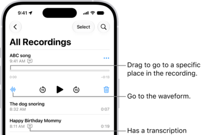 The Voice Memos list screen with a selected recording at the top. The recording timeline has a playhead, which you can drag to go to a specific place in the recording. The play controls are below the timeline.