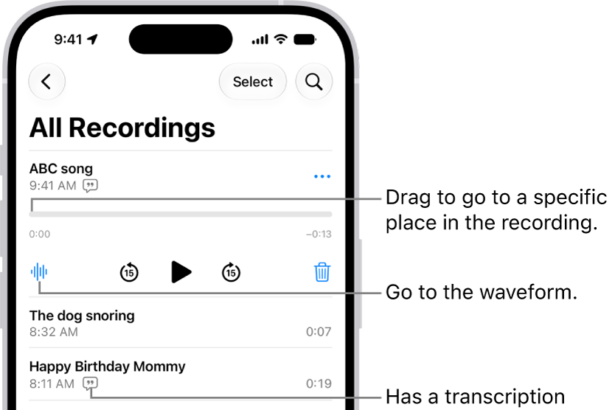 The Voice Memos list screen with a selected recording at the top. The recording timeline has a playhead, which you can drag to go to a specific place in the recording. The play controls are below the timeline.