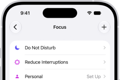 A screen showing five provided Focus options—Do Not Disturb, No messages during calls, Sleep, Personal, and Work. The Share Across Devices option is on, which allows the same Focus settings to be used across your Apple devices.