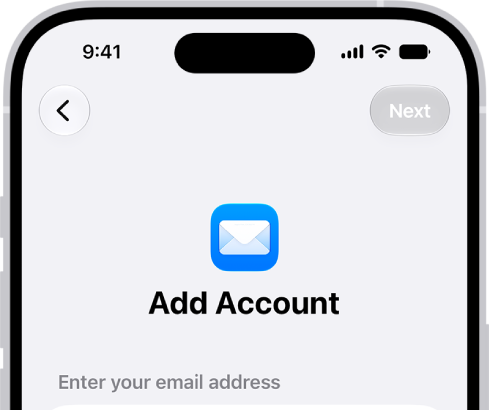 The Add Account screen with a field to enter your email address.