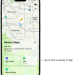 The Find My app open, showing Danny’s keys in Golden Gate Park. Tap the Find button to locate a nearby AirTag.