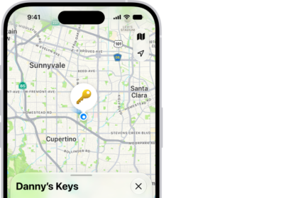 The Find My app open, showing Danny’s keys in Golden Gate Park. Tap the Find button to locate a nearby AirTag.