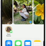 A selected photo is displayed in the top half of the iPhone screen, with a row of share options below. Additional options appear below those, including Copy Photo, Add to Shared Album, Add to Album, and Use as Wallpaper.