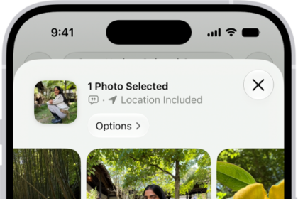 A selected photo is displayed in the top half of the iPhone screen, with a row of share options below. Additional options appear below those, including Copy Photo, Add to Shared Album, Add to Album, and Use as Wallpaper.