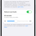 The Headphone Safety screen, showing the number of headphone notifications sent in the last 6 months, the Reduce Loud Audio option, a slider for changing the maximum decibel level, and the selected decibel limit of 85 decibels.