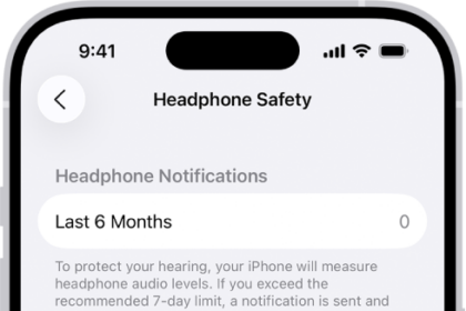 The Headphone Safety screen, showing the number of headphone notifications sent in the last 6 months, the Reduce Loud Audio option, a slider for changing the maximum decibel level, and the selected decibel limit of 85 decibels.