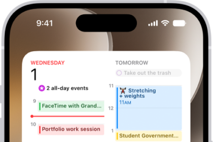 The iPhone Home Screen with an extra-large Calendar widget.