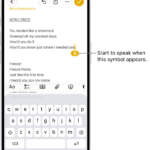 The onscreen keyboard is open in the Mail app. The Dictation button in the bottom-right corner of the screen is selected and the Dictation button appears below the insertion point in the text field.