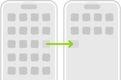 Jiggling apps on the Home Screen with an arrow showing one app being dragged to the next page.