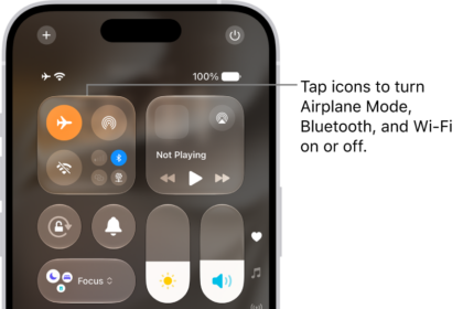 The Control Center screen showing that tapping the top-left button turns on Airplane Mode.