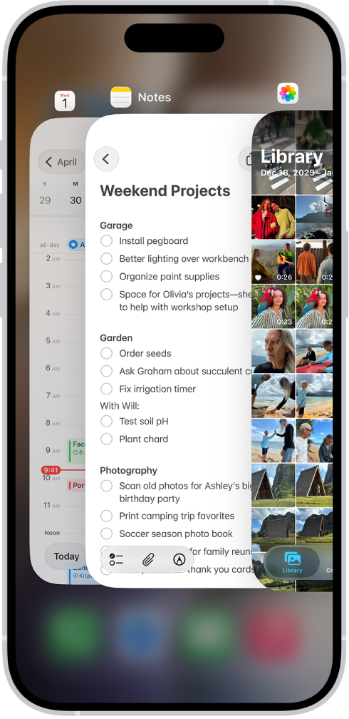 The App Switcher. Icons for the open apps appear at the top, and the current screen for each open app appears below its icon.