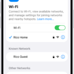 The Wi-Fi options screen in Settings. Wi-Fi is turned on, and a network is selected.